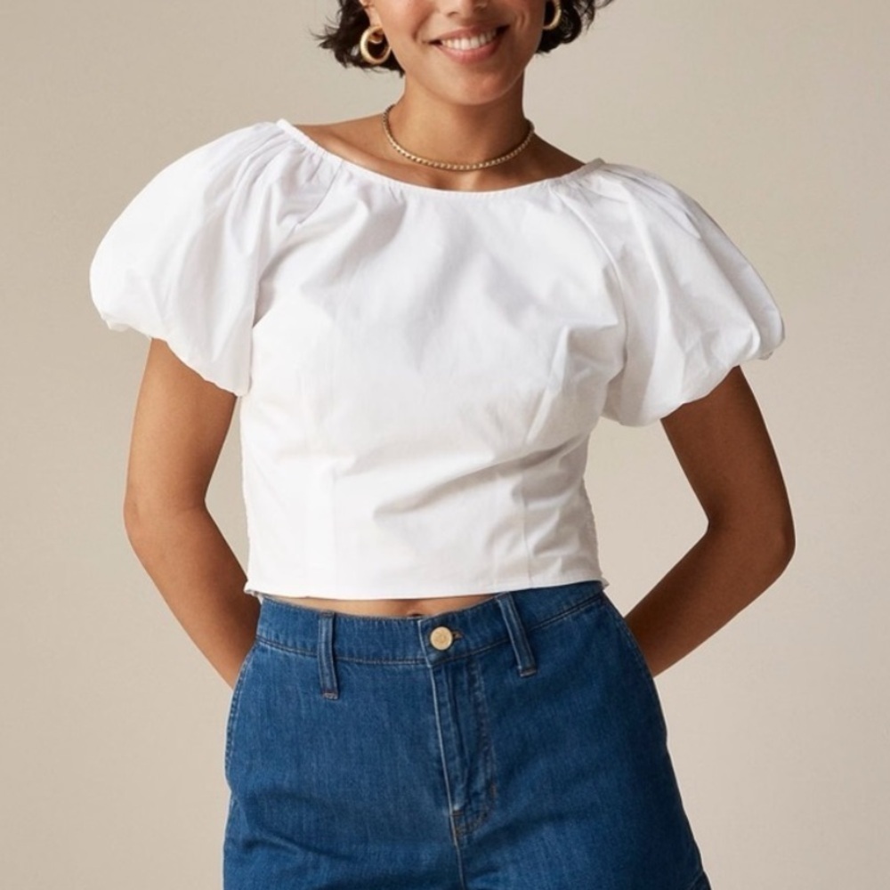 NWT J.CREW Fitted Puff-Sleeve Top White 8